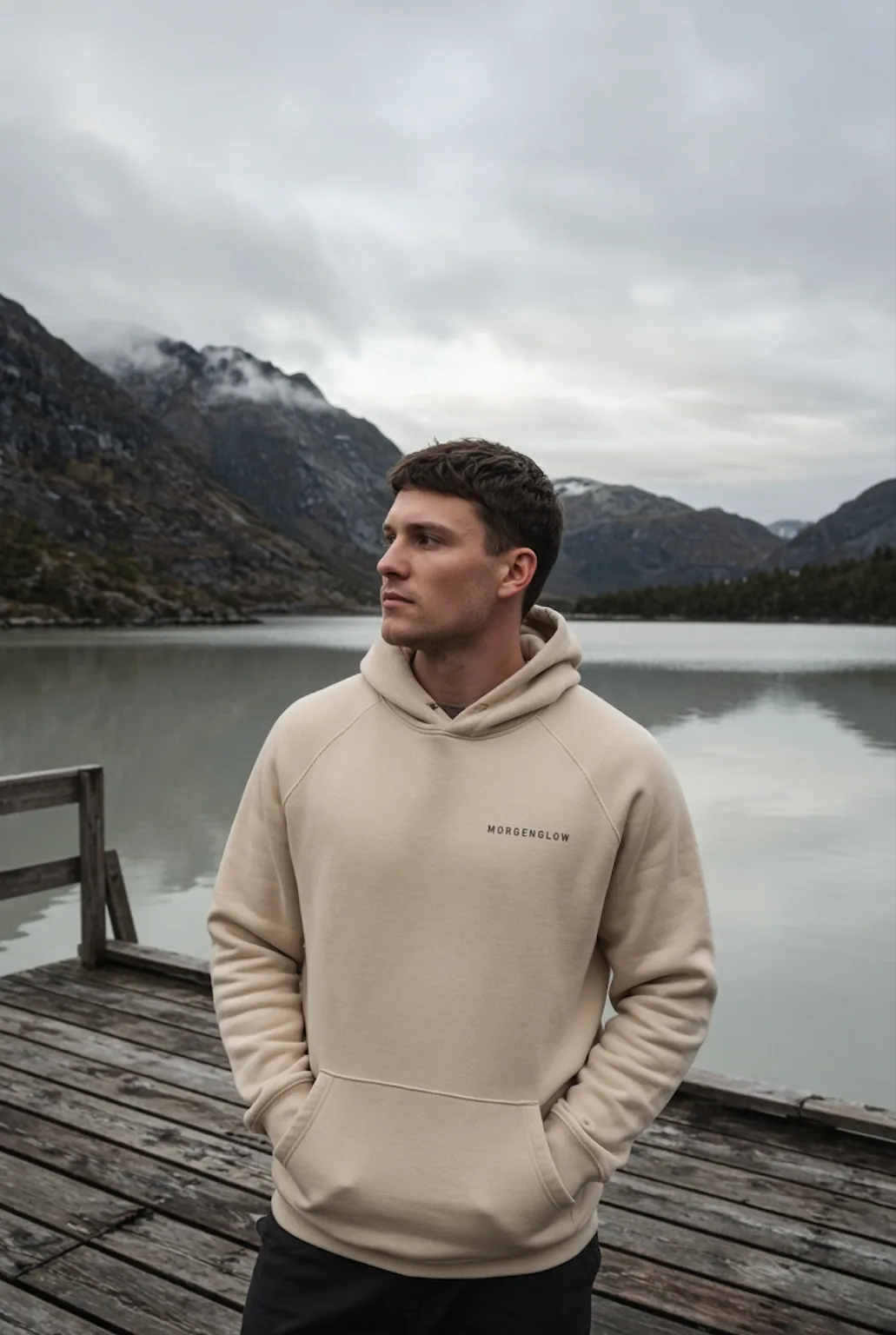 Man wearing the cream Morgenglow Hoodie beside a mountain lake
