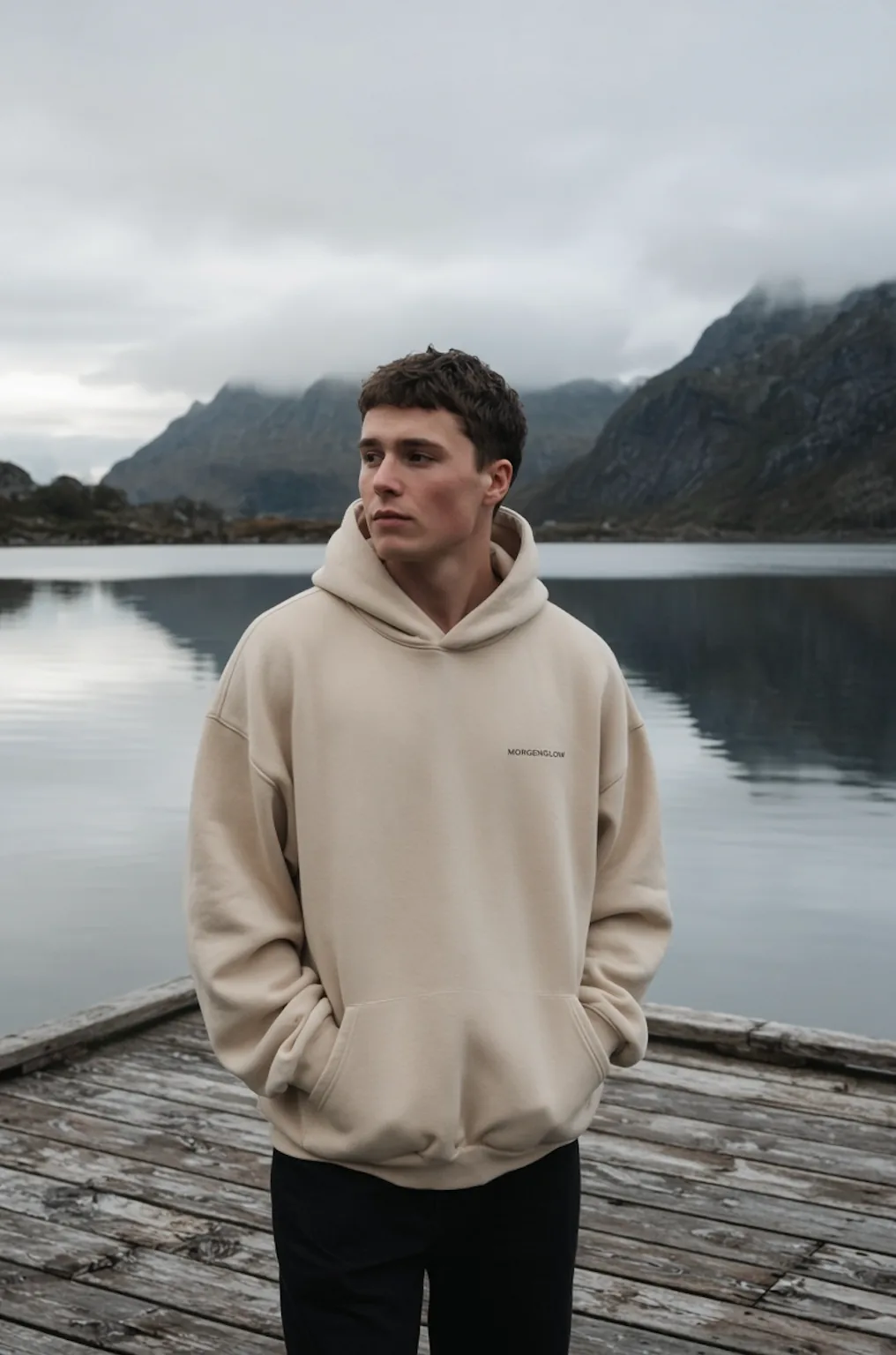 Man wearing the cream Morgenglow Hoodie on a pier
