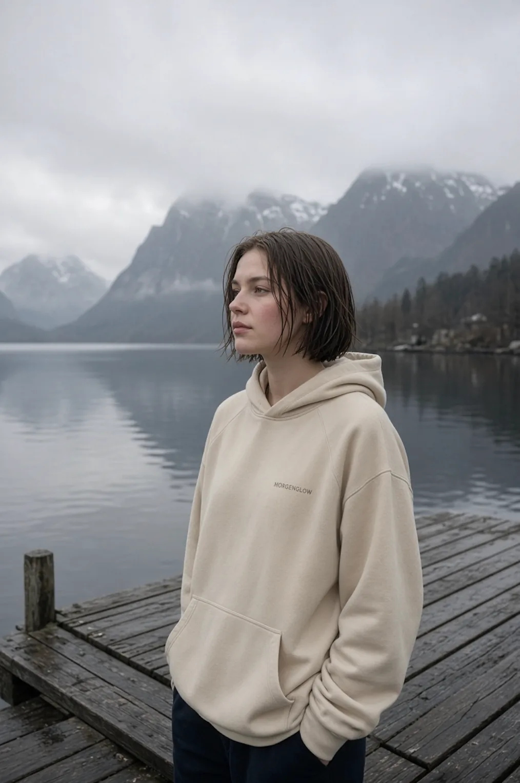 Woman wearing the cream Morgenglow Hoodie on a wooden pier