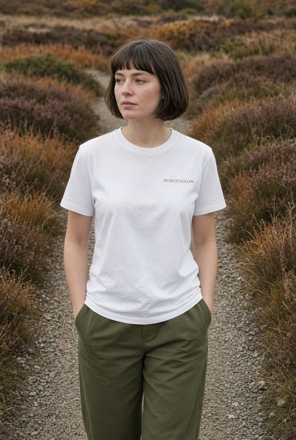 Woman wearing the white Morgenglow T-shirt on a heather path