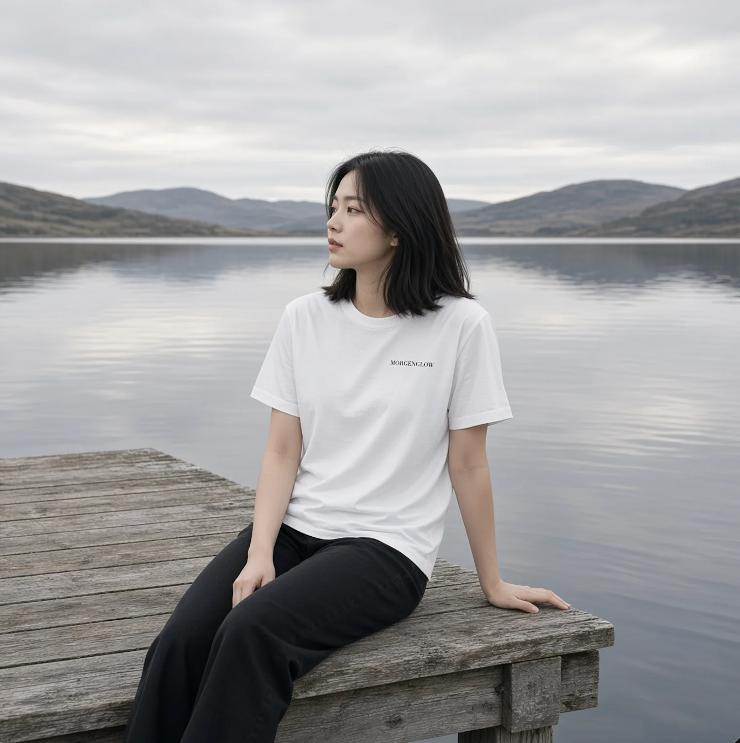 Woman wearing the white Morgenglow T-shirt beside still water